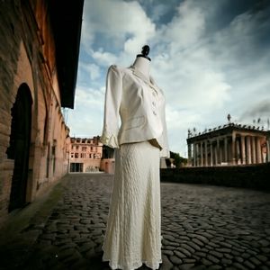 Vintage Silk Blazer Shoulder Pads aruffle Collar Eyelet Cuffs Wedding Events 6p